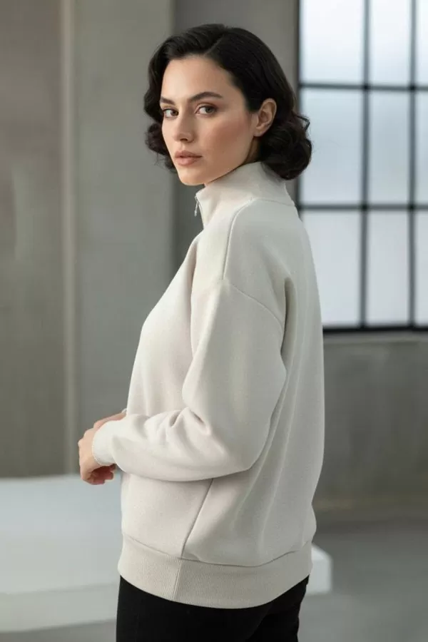 Bej Pamuklu Üç İplik Şardonlu Kadın Sweatshirt