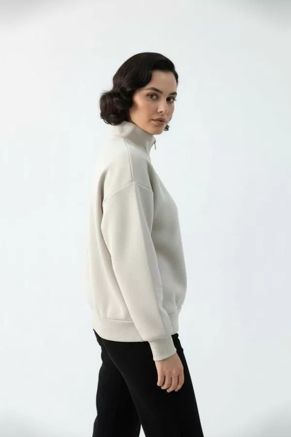 Bej Pamuklu Üç İplik Şardonlu Kadın Sweatshirt