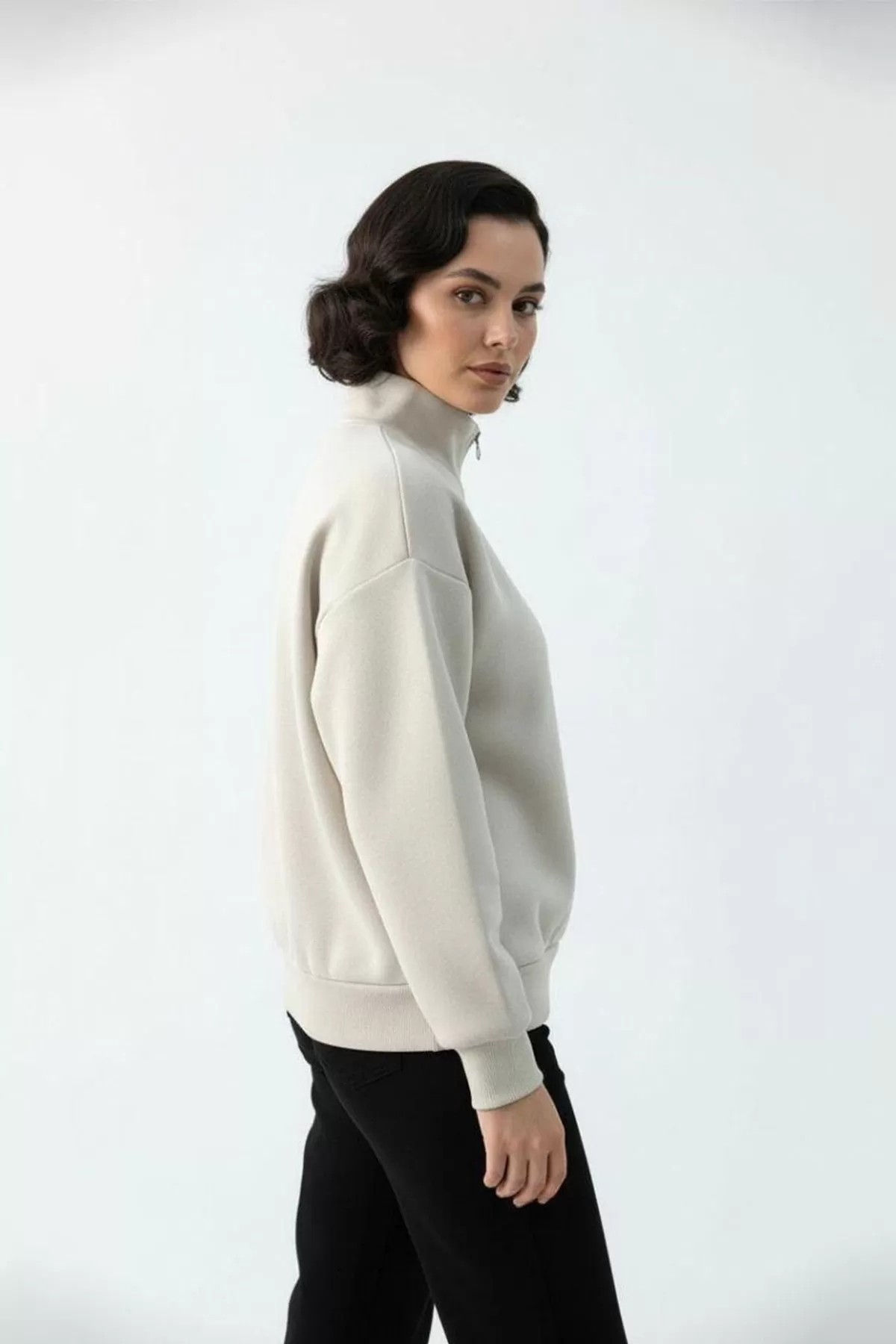 Bej Pamuklu Üç İplik Şardonlu Kadın Sweatshirt