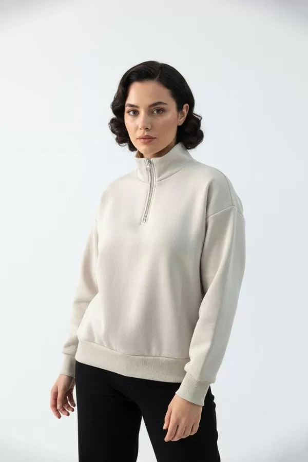 Bej Pamuklu Üç İplik Şardonlu Kadın Sweatshirt