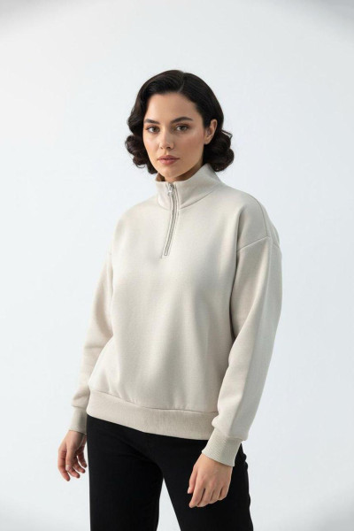 Bej Pamuklu Üç İplik Şardonlu Kadın Sweatshirt