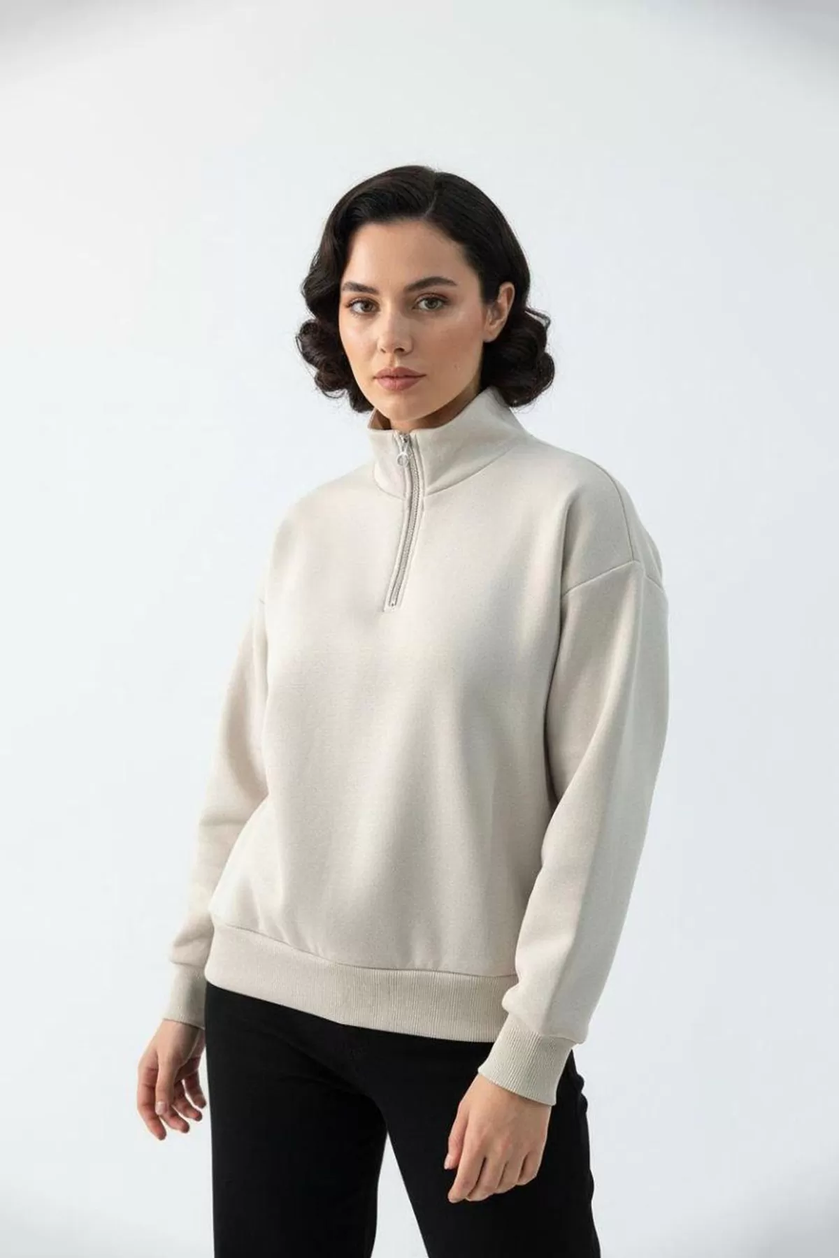 Bej Pamuklu Üç İplik Şardonlu Kadın Sweatshirt