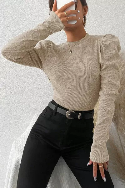 Bej Pamuklu Uzun Balon Kol Bluz