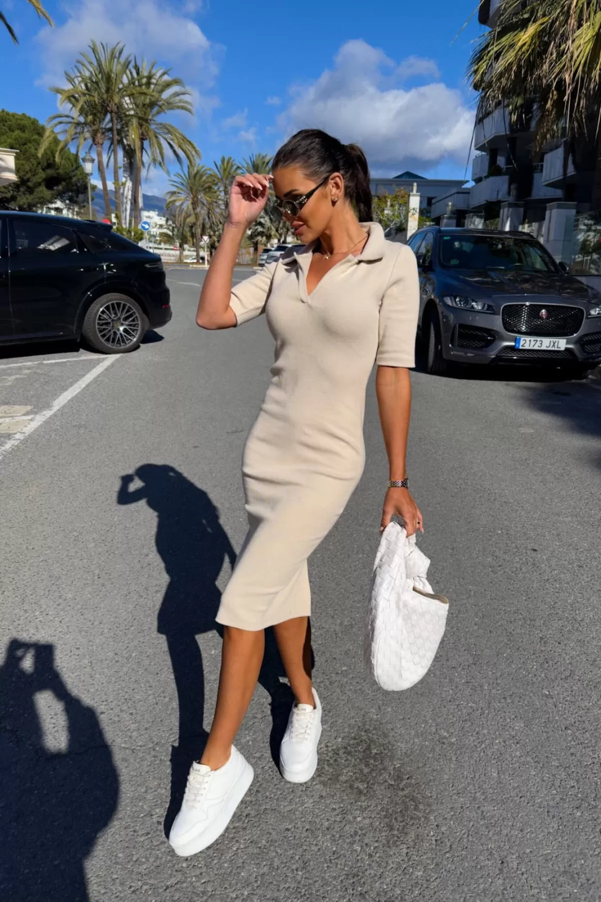 Bej Polo Yaka Midi Elbise