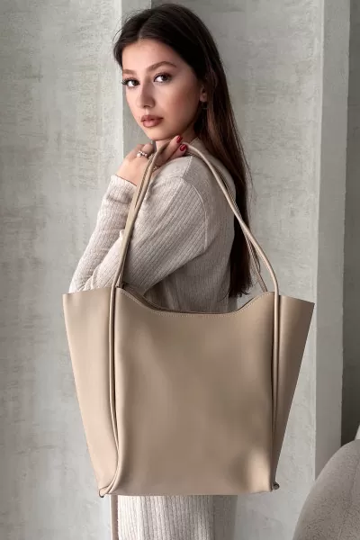 Bej Suni Deri Kadın Omuz Çantası