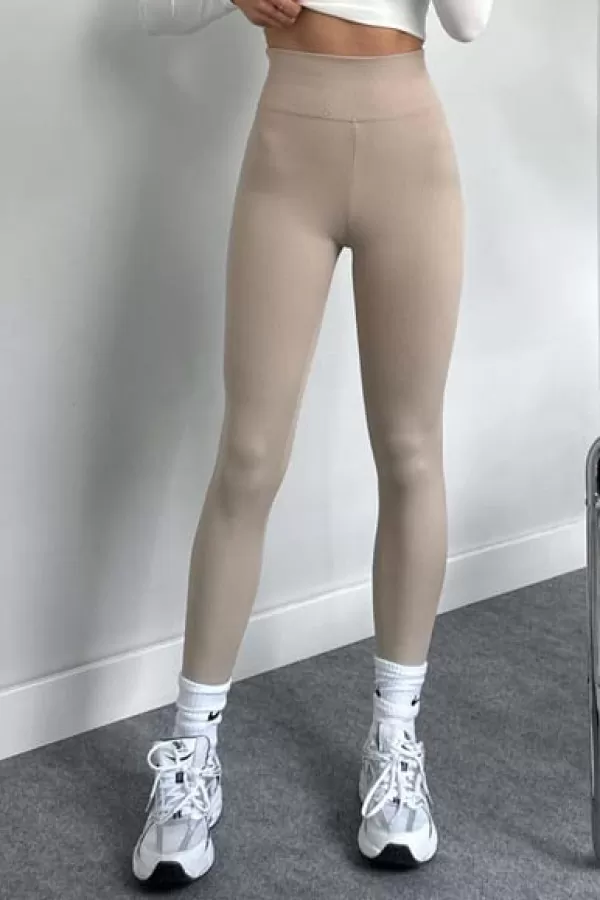 Bej Süper Yüksek Bel İçi Şardonlu Fitilli Tayt