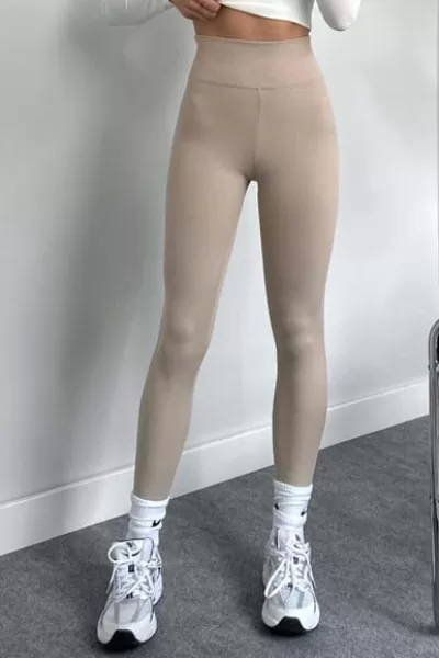 Bej Süper Yüksek Bel İçi Şardonlu Fitilli Tayt