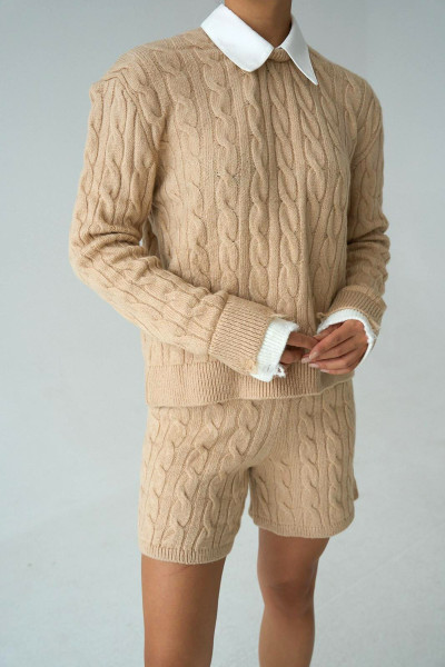 Bej Triko Şort Kazak Kadın Alt Üst Takım