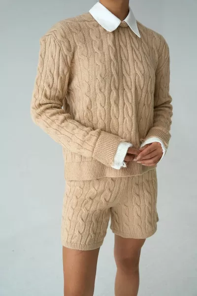 Bej Triko Şort Kazak Kadın Alt Üst Takım