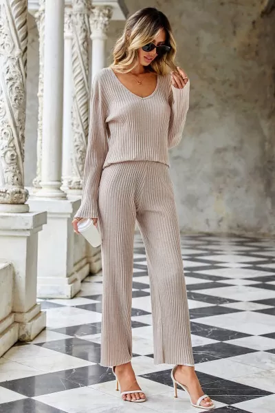 Bej V Yaka Bluz Pantolon Kadın Alt Üst Takım