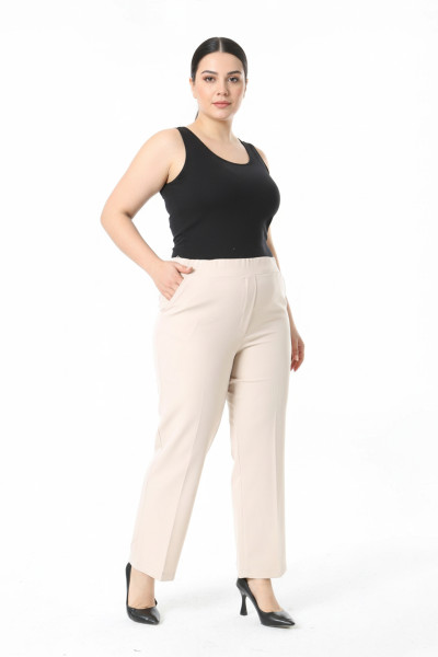 Beli Lastikli Ekru Duble Krep Büyük Beden Kadın Pantolon