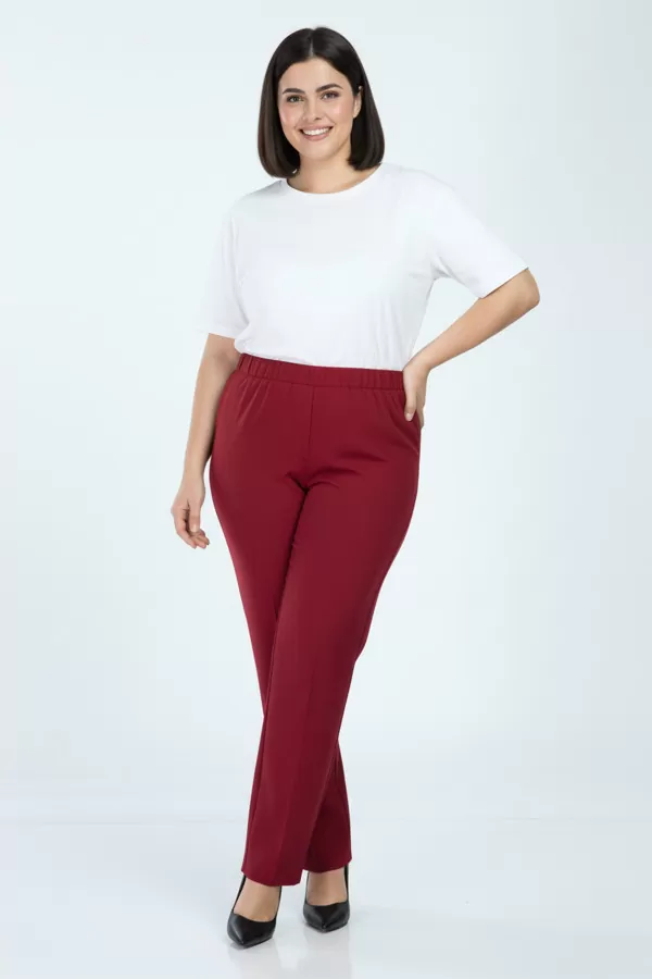 Beli Lastikli Kırmızı Duble Krep Büyük Beden Kadın Pantolon