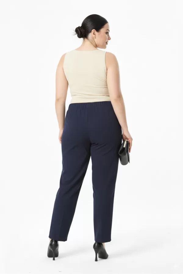Beli Lastikli Lacivert Duble Krep Büyük Beden Kadın Pantolon