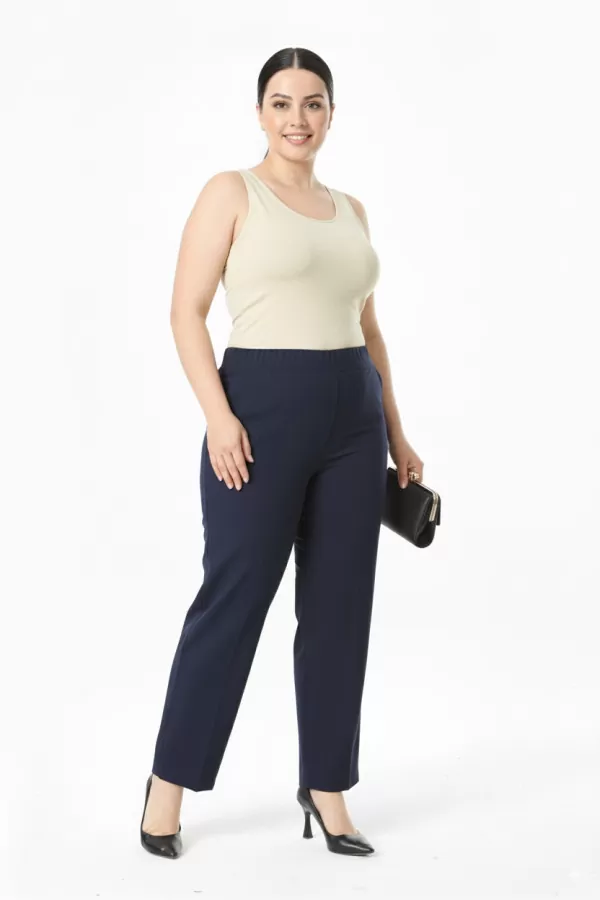 Beli Lastikli Lacivert Duble Krep Büyük Beden Kadın Pantolon