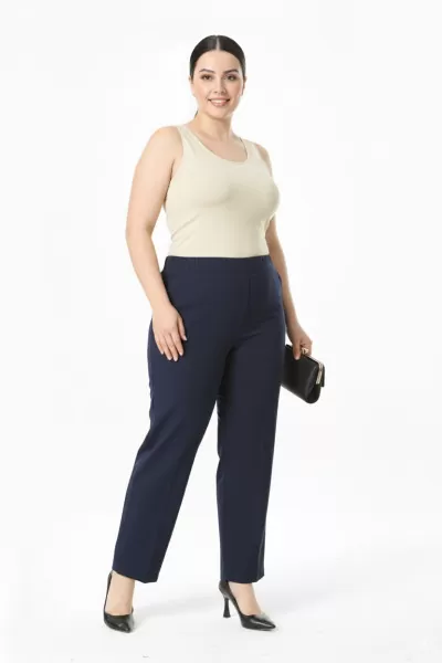 Beli Lastikli Lacivert Duble Krep Büyük Beden Kadın Pantolon