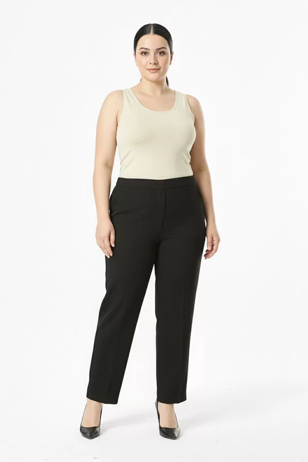 Beli Lastikli Siyah Duble Krep Büyük Beden Kadın Pantolon