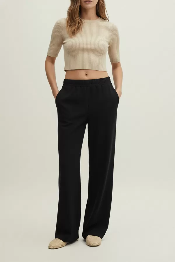 Beli Lastikli Siyah Örme Kadın Pantolon