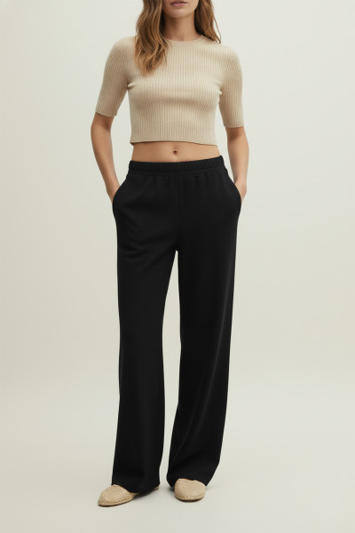 Beli Lastikli Siyah Örme Kadın Pantolon