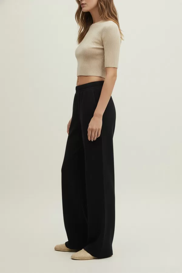 Beli Lastikli Siyah Örme Kadın Pantolon