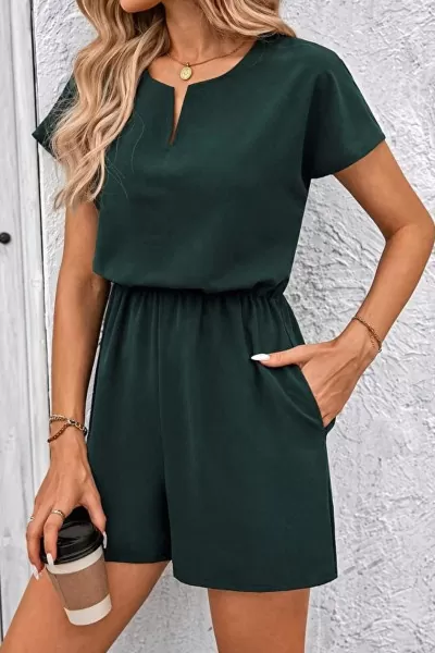 Beli Lastikli V Yaka Koyu Yeşil Krep Tulum