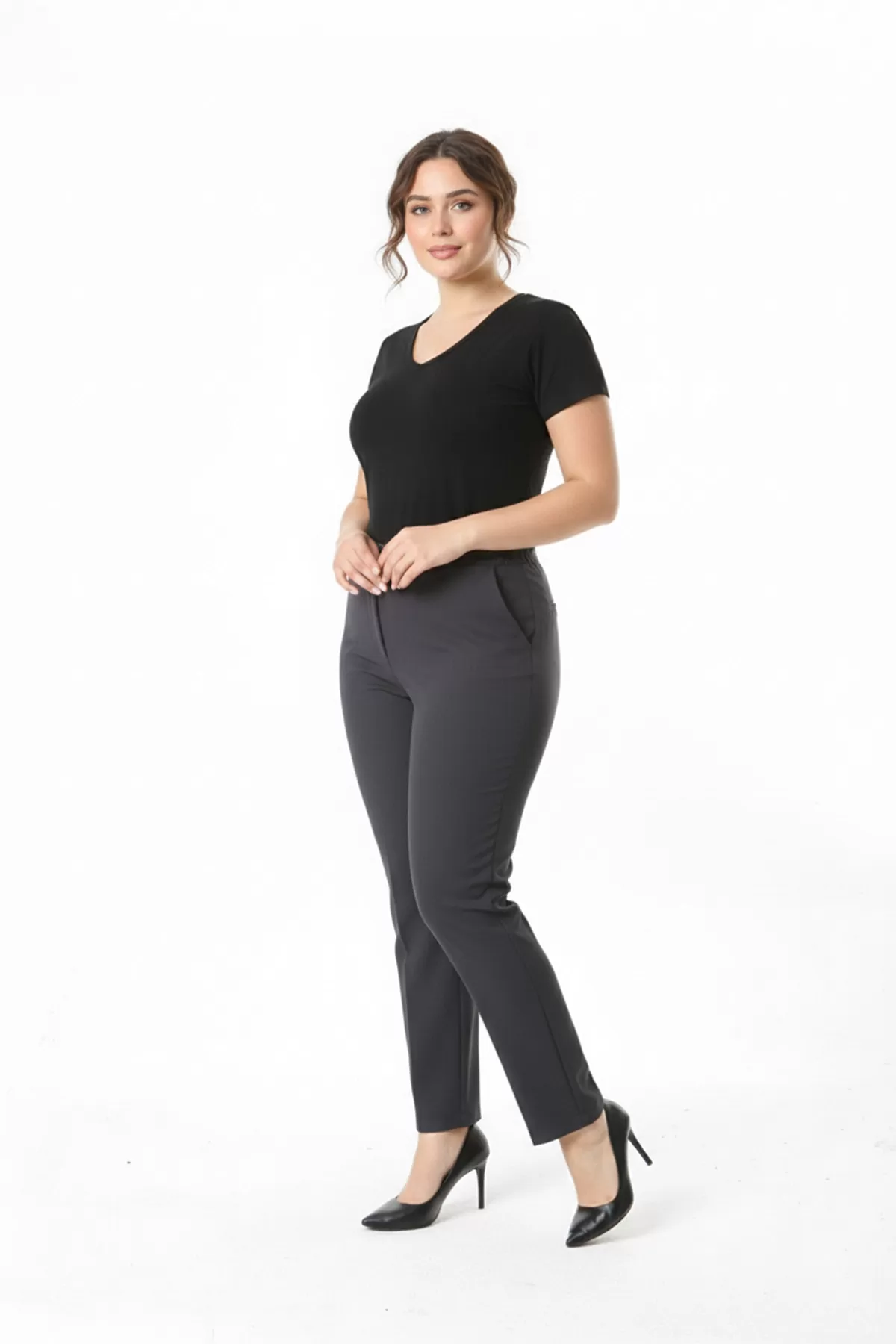 Beli Yandan Lastikli Antrasit Duble Krep Büyük Beden Kadın Pantolon