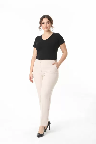 Beli Yandan Lastikli Ekru Duble Krep Büyük Beden Kadın Pantolon