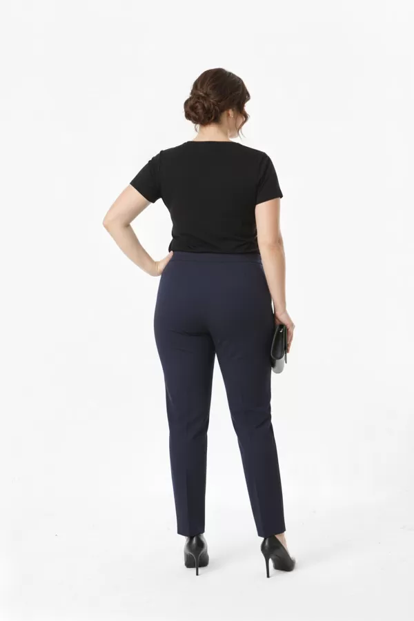 Beli Yandan Lastikli Lacivert Duble Krep Büyük Beden Kadın Pantolon