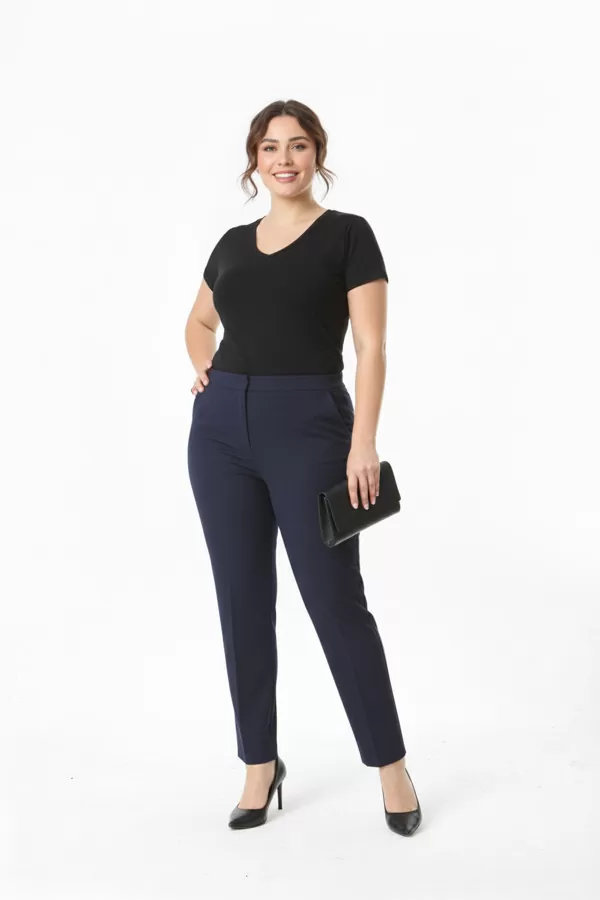 Beli Yandan Lastikli Lacivert Duble Krep Büyük Beden Kadın Pantolon