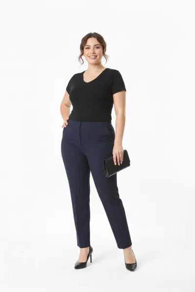Beli Yandan Lastikli Lacivert Duble Krep Büyük Beden Kadın Pantolon
