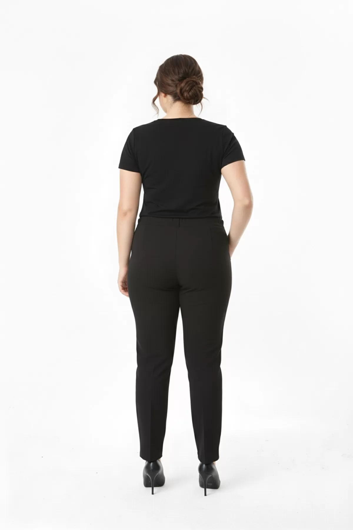 Beli Yandan Lastikli Siyah Duble Krep Büyük Beden Kadın Pantolon