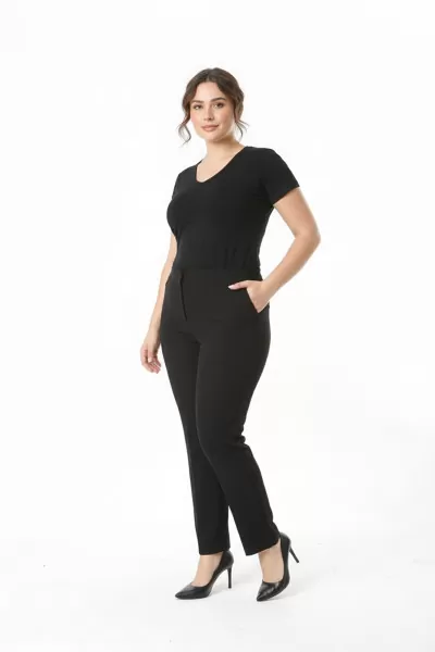 Beli Yandan Lastikli Siyah Duble Krep Büyük Beden Kadın Pantolon