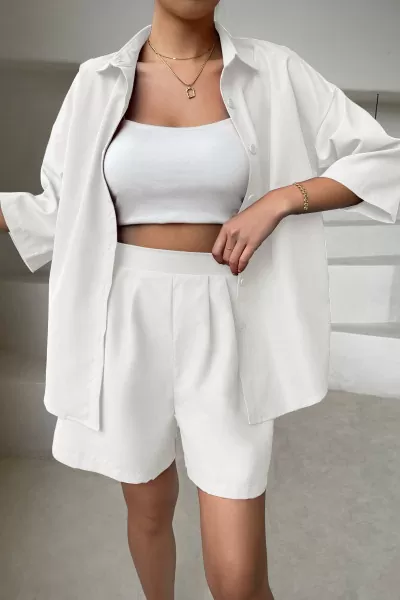 Beyaz Gömlek Şort Kadın İkili Takım