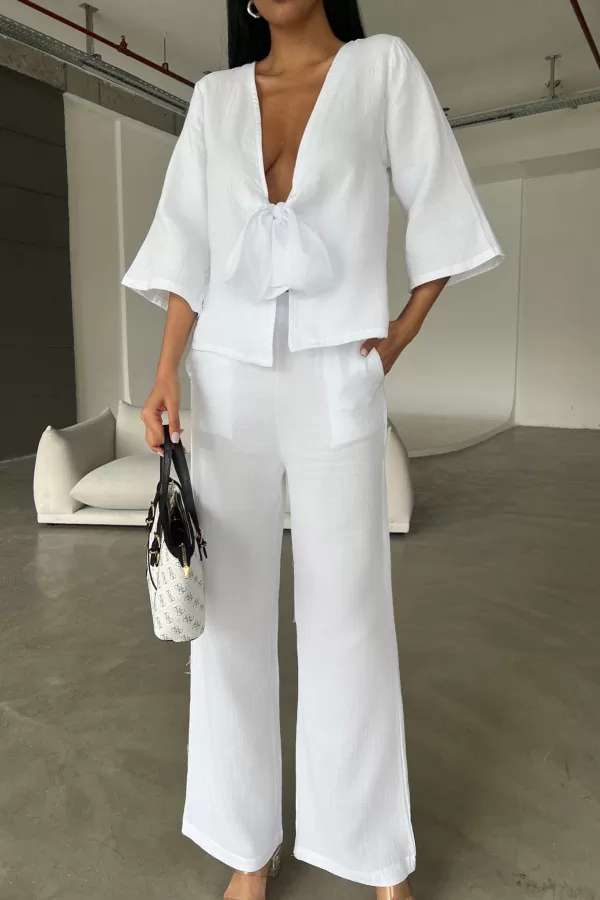 Beyaz Çift Taraflı Keten Gömlek Pantolon Takım