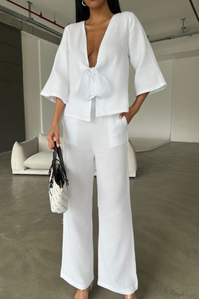 Beyaz Çift Taraflı Keten Gömlek Pantolon Takım