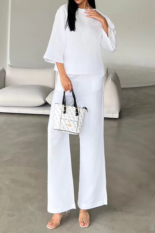 Beyaz Çift Taraflı Keten Gömlek Pantolon Takım