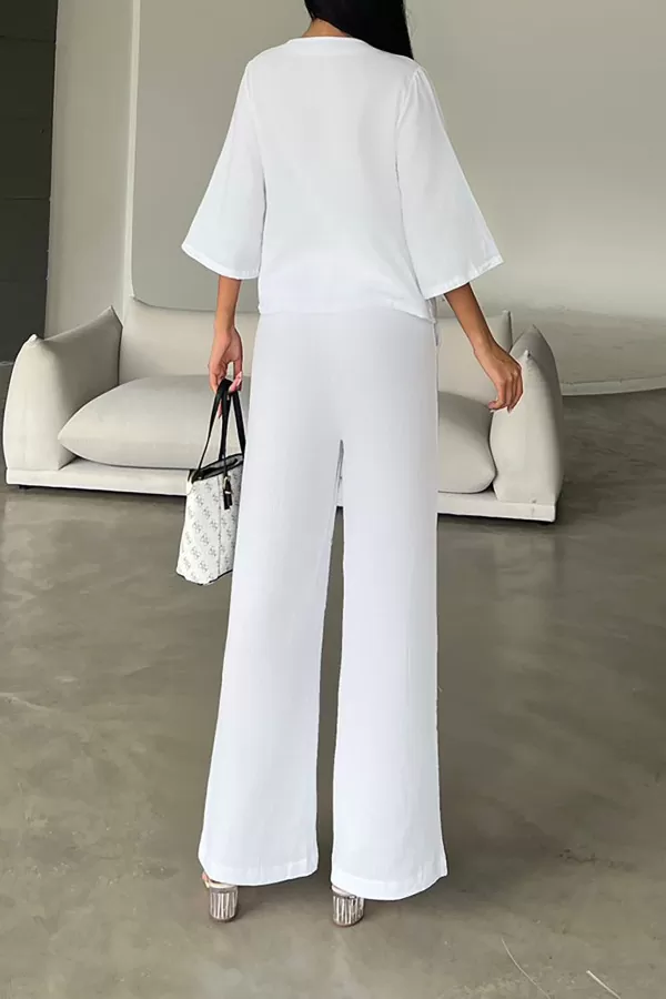 Beyaz Çift Taraflı Keten Gömlek Pantolon Takım