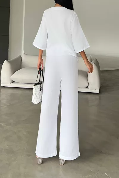 Beyaz Çift Taraflı Keten Gömlek Pantolon Takım
