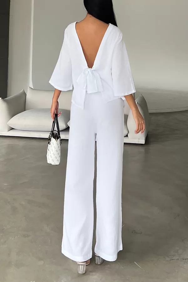 Beyaz Çift Taraflı Keten Gömlek Pantolon Takım