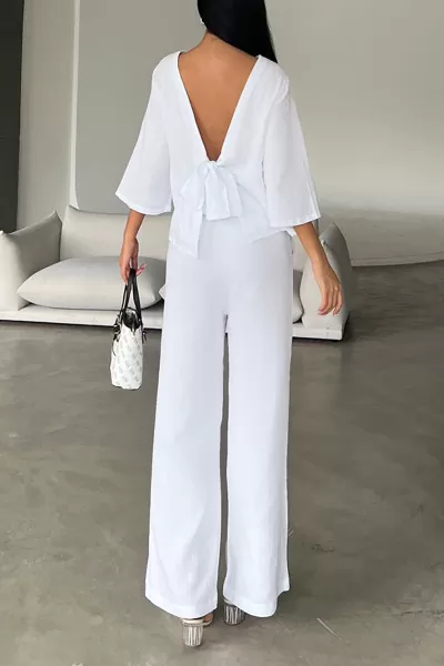 Beyaz Çift Taraflı Keten Gömlek Pantolon Takım