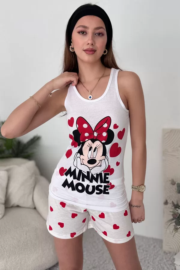 Beyaz Kırmızı Pamuklu Şort Atlet Kadın Pijama Takımı
