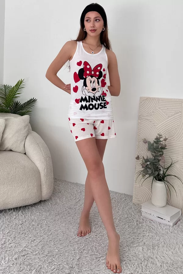 Beyaz Kırmızı Pamuklu Şort Atlet Kadın Pijama Takımı