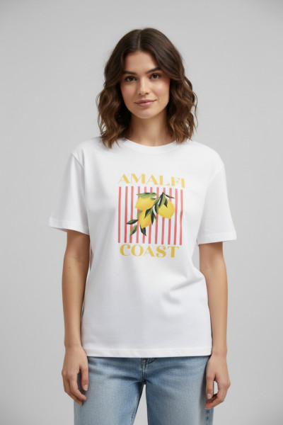 Beyaz Pamuklu Baskılı Kadın Tişört