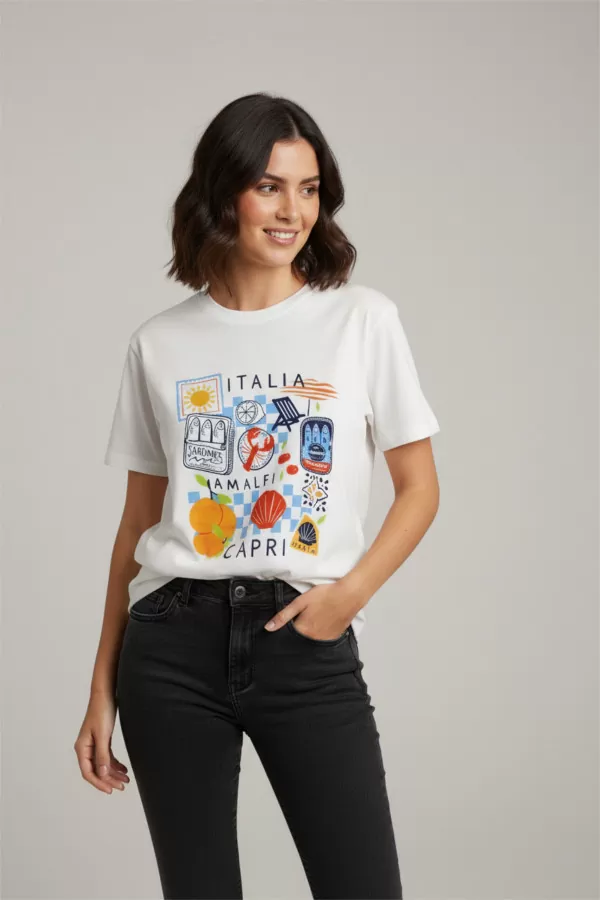 Beyaz Pamuklu Baskılı Kadın Tişört