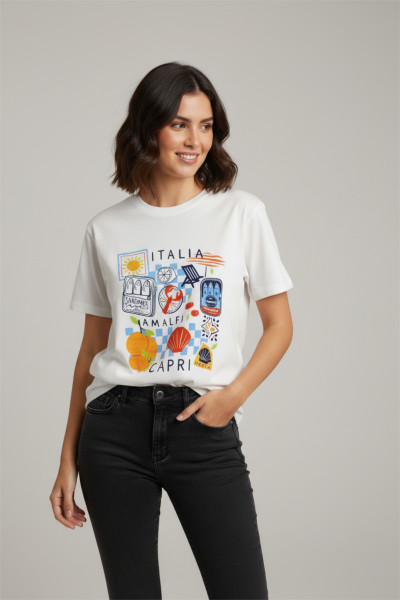 Beyaz Pamuklu Baskılı Kadın Tişört