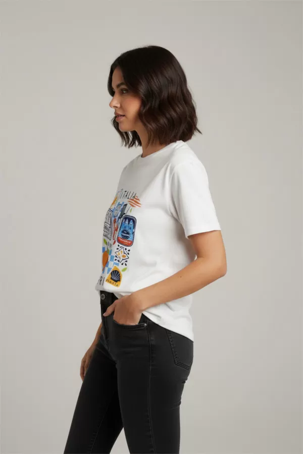 Beyaz Pamuklu Baskılı Kadın Tişört