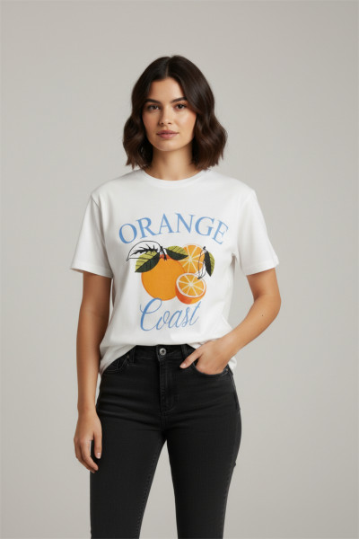 Beyaz Pamuklu Baskılı Kadın Tişört