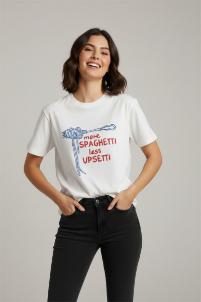 Beyaz Pamuklu Baskılı Kadın Tişört