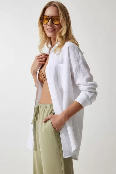Beyaz Pamuklu Müslin Kumaş Kadın Gömlek