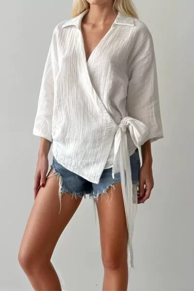 Beyaz Pamuklu Müslin Kumaş Kruvaze Bluz