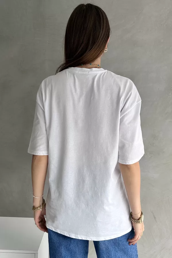 Beyaz Pamuklu Oversize Kadın Tişört